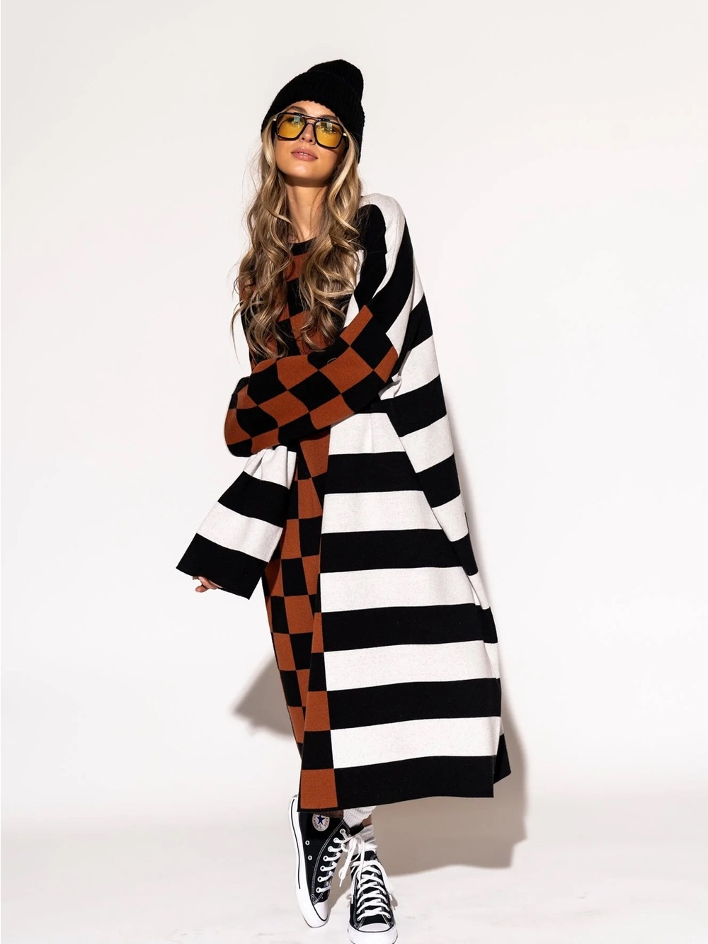 Dressed in LALA Oversized Heavy Knit Sweater Dress Checkered Striped L/XL